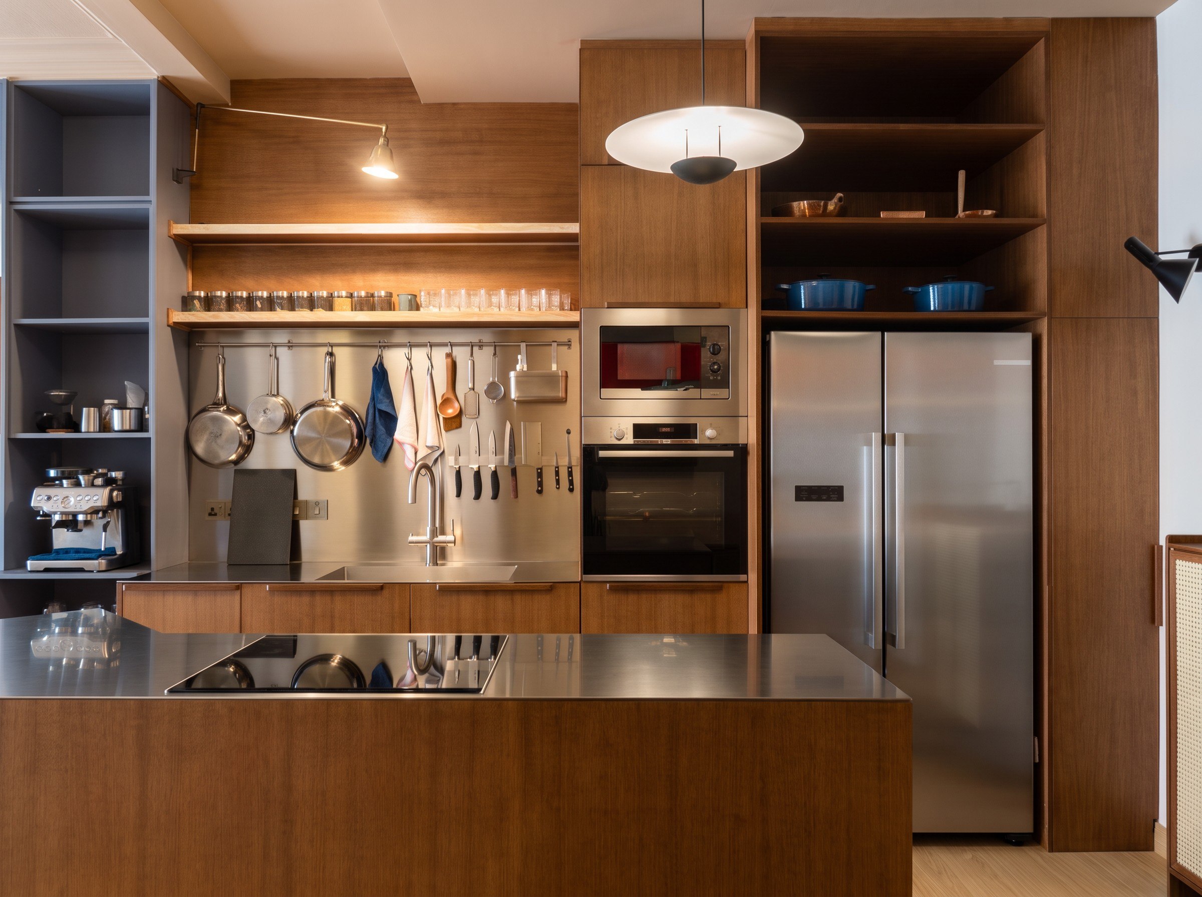 Hampton Residences kitchen showing stainless-steel island, timber cabinetry and integrated appliances